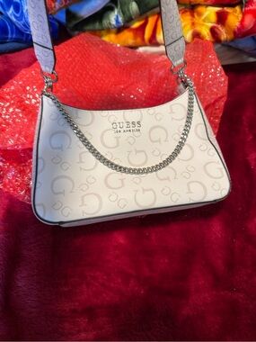 GUESS Cream Monogram Shoulder Bag with Silver Chain